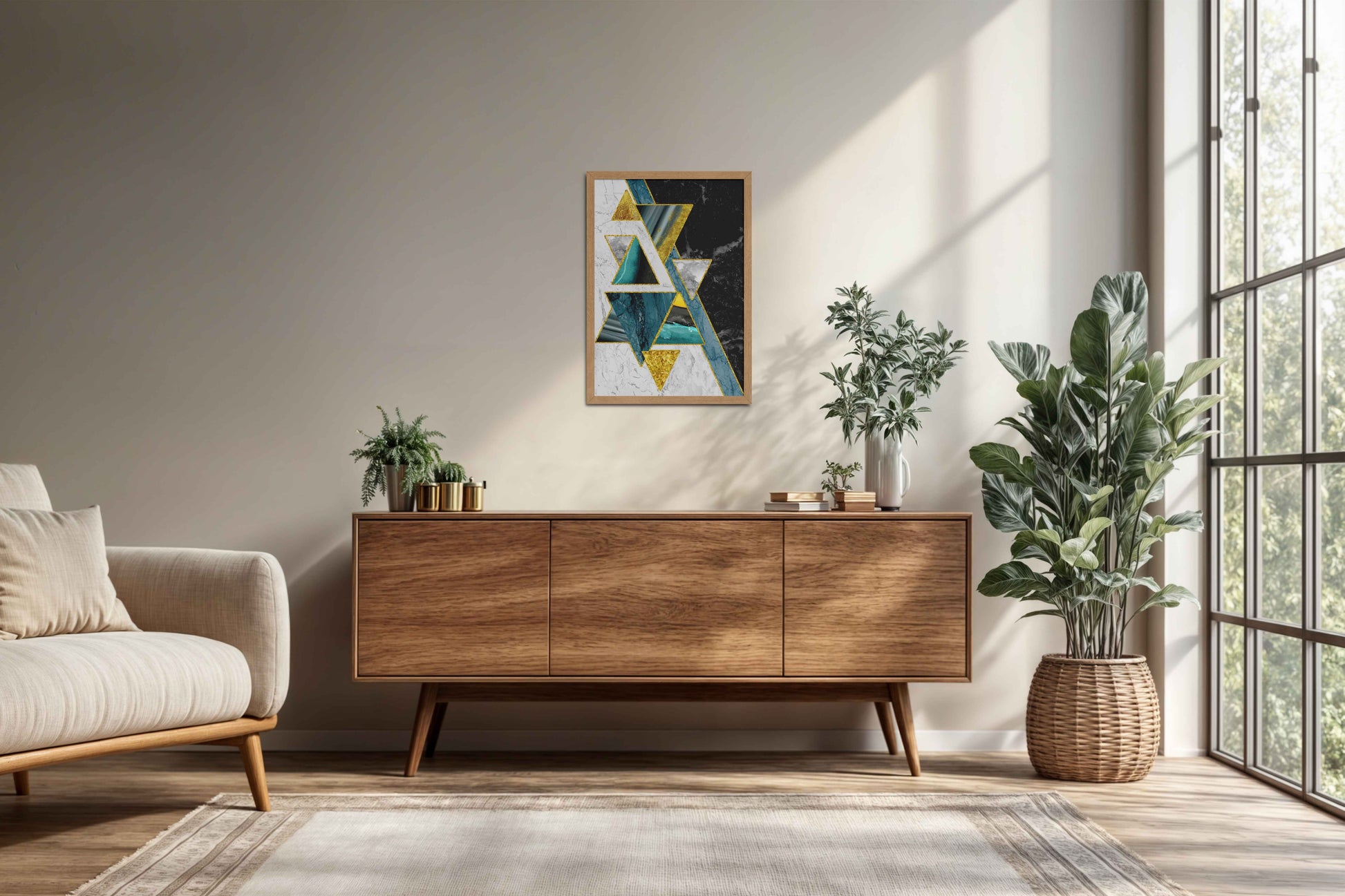 Living Room Cabinet Preview of Geometric Triangle Art – Modern Wall Decor in Natrual Color Frame