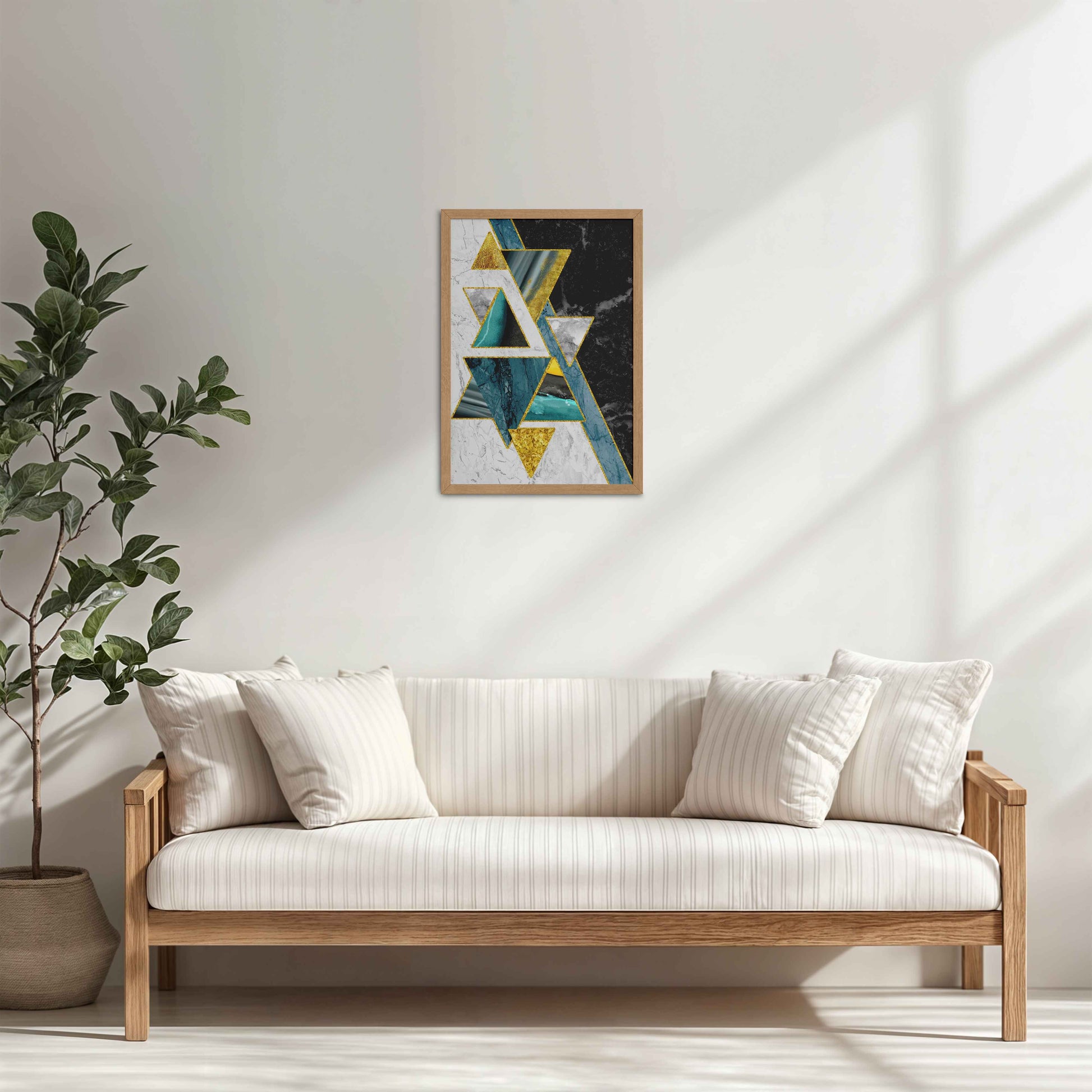 Living Room Cabinet Table Preview of Geometric Triangle Art – Modern Wall Decor in Natrual Color Frame