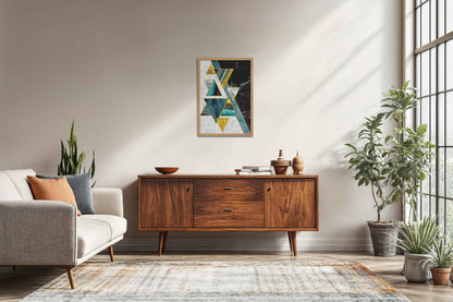 Living Room Sofa Preview of Geometric Triangle Art – Modern Wall Decor in Natrual Color Frame