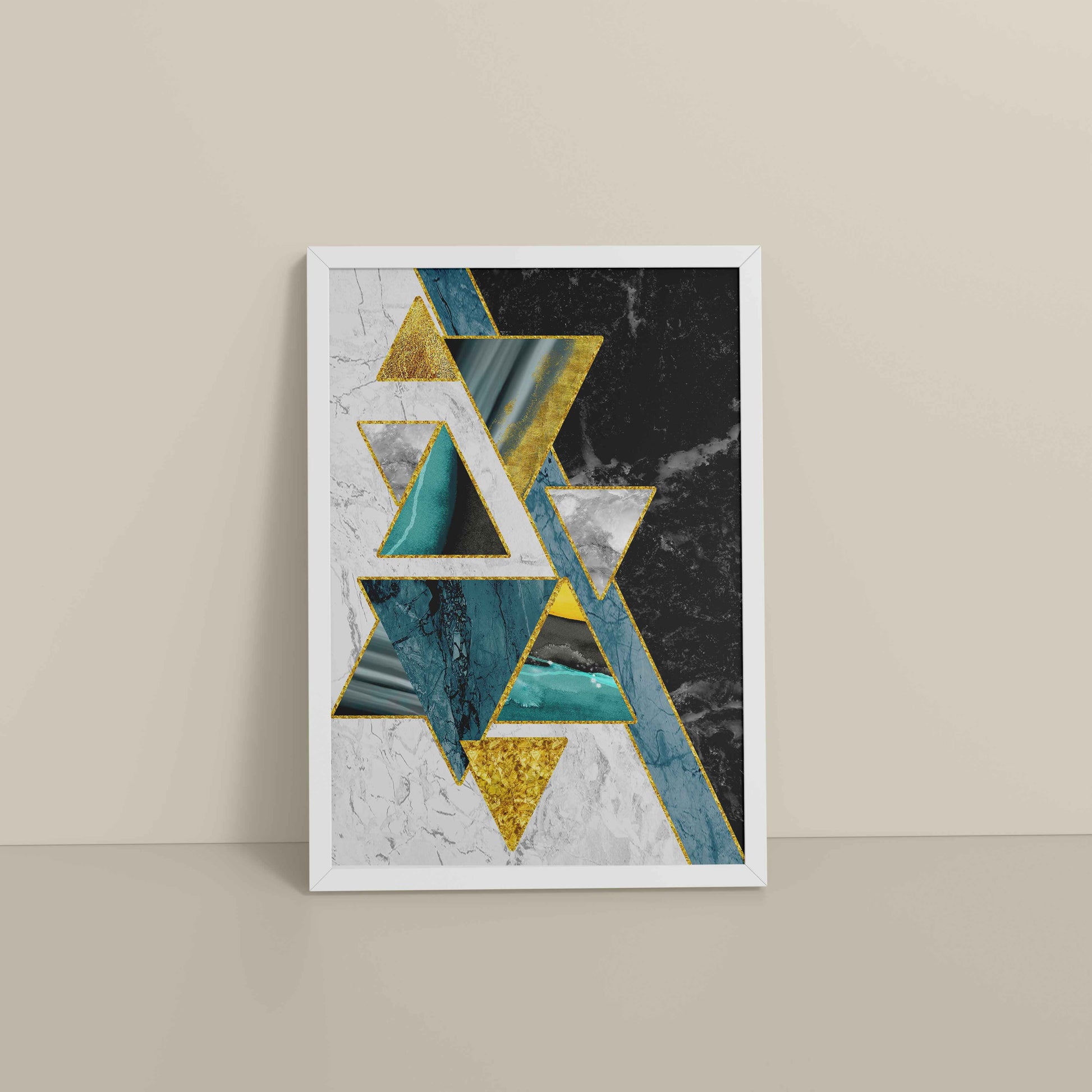 Floor View of Geometric Triangle Art – Modern Wall Decor in White Color Frame