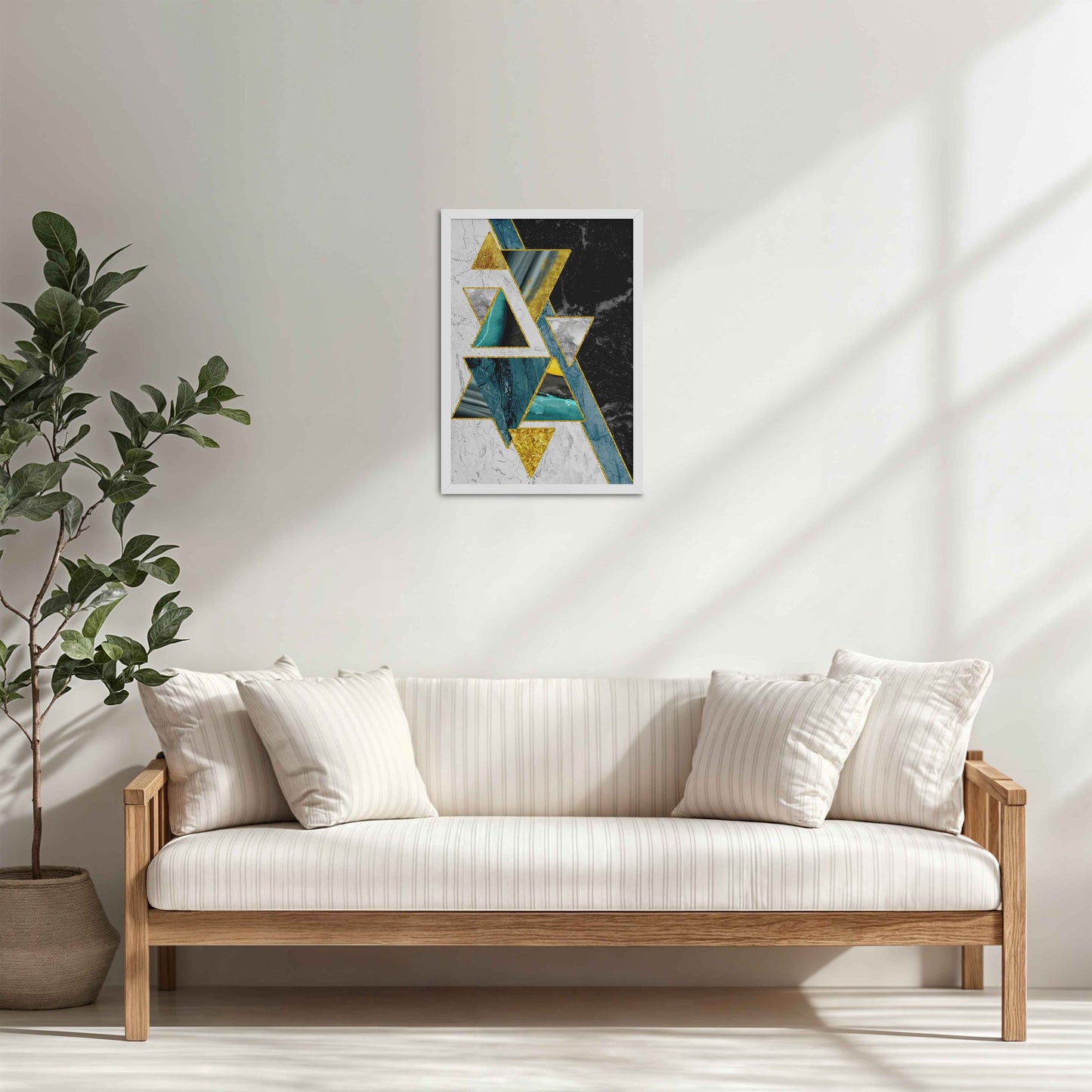 Living Room Cabinet Table Preview of Geometric Triangle Art – Modern Wall Decor in White Color Frame