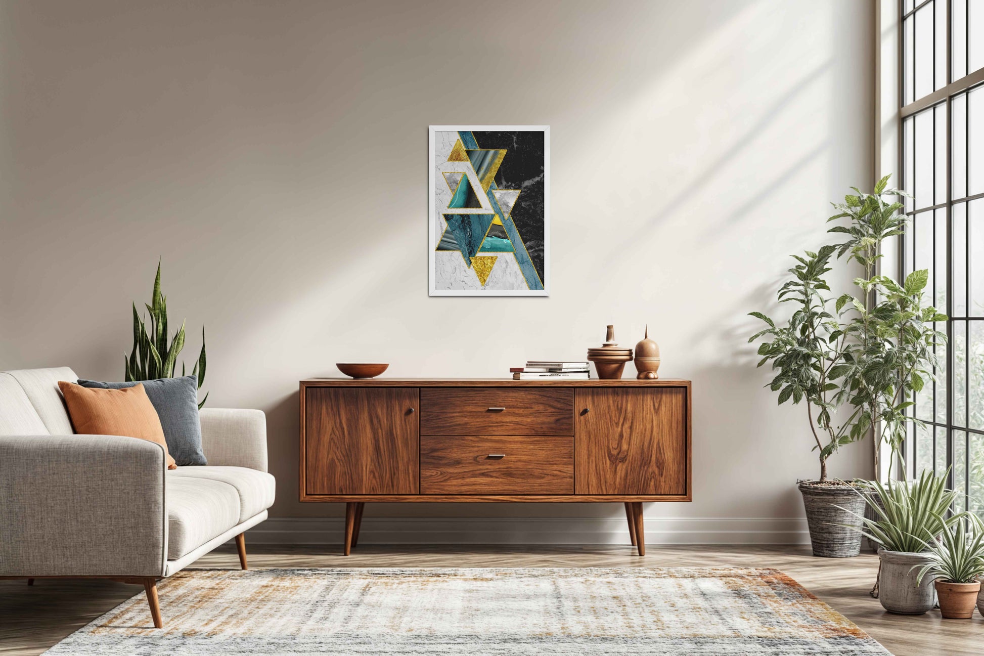 Living Room Sofa Preview of Geometric Triangle Art – Modern Wall Decor in White Color Frame