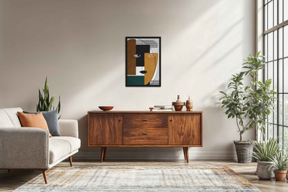 Living Room Sofa Preview of GeoFace – Abstract Geometric Face Wall Art in Black Color Frame
