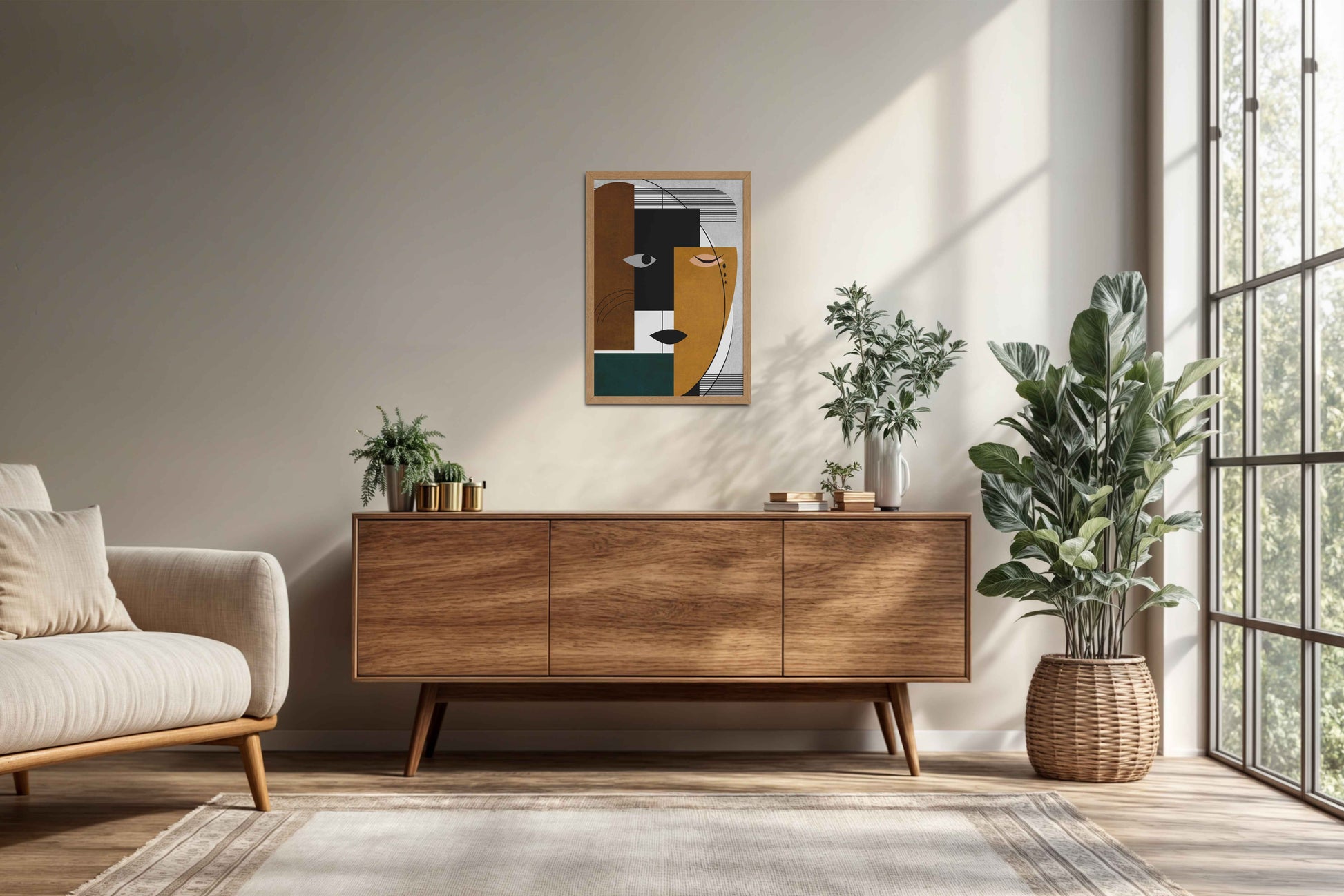 Living Room Cabinet Preview of GeoFace – Abstract Geometric Face Wall Art in Natrual Color Frame
