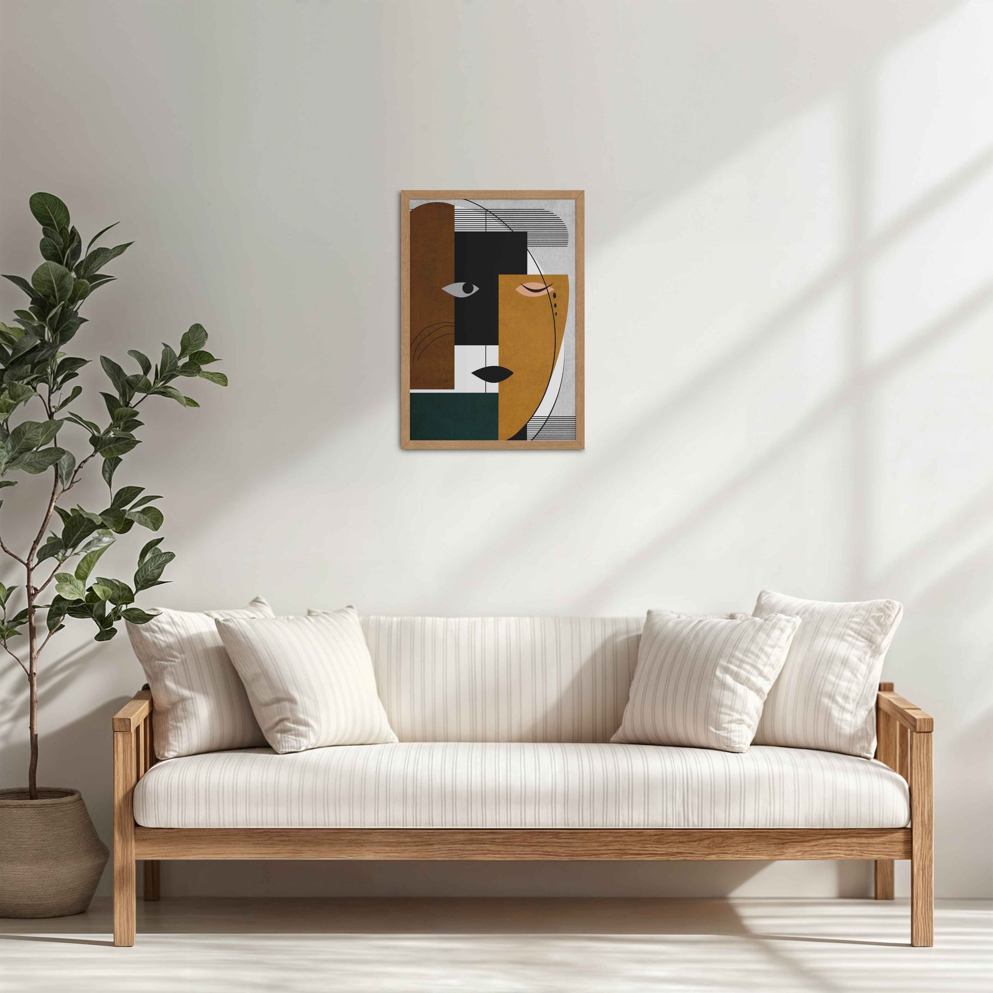 Living Room Cabinet Table Preview of GeoFace – Abstract Geometric Face Wall Art in Natrual Color Frame