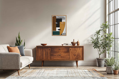 Living Room Sofa Preview of GeoFace – Abstract Geometric Face Wall Art in Natrual Color Frame