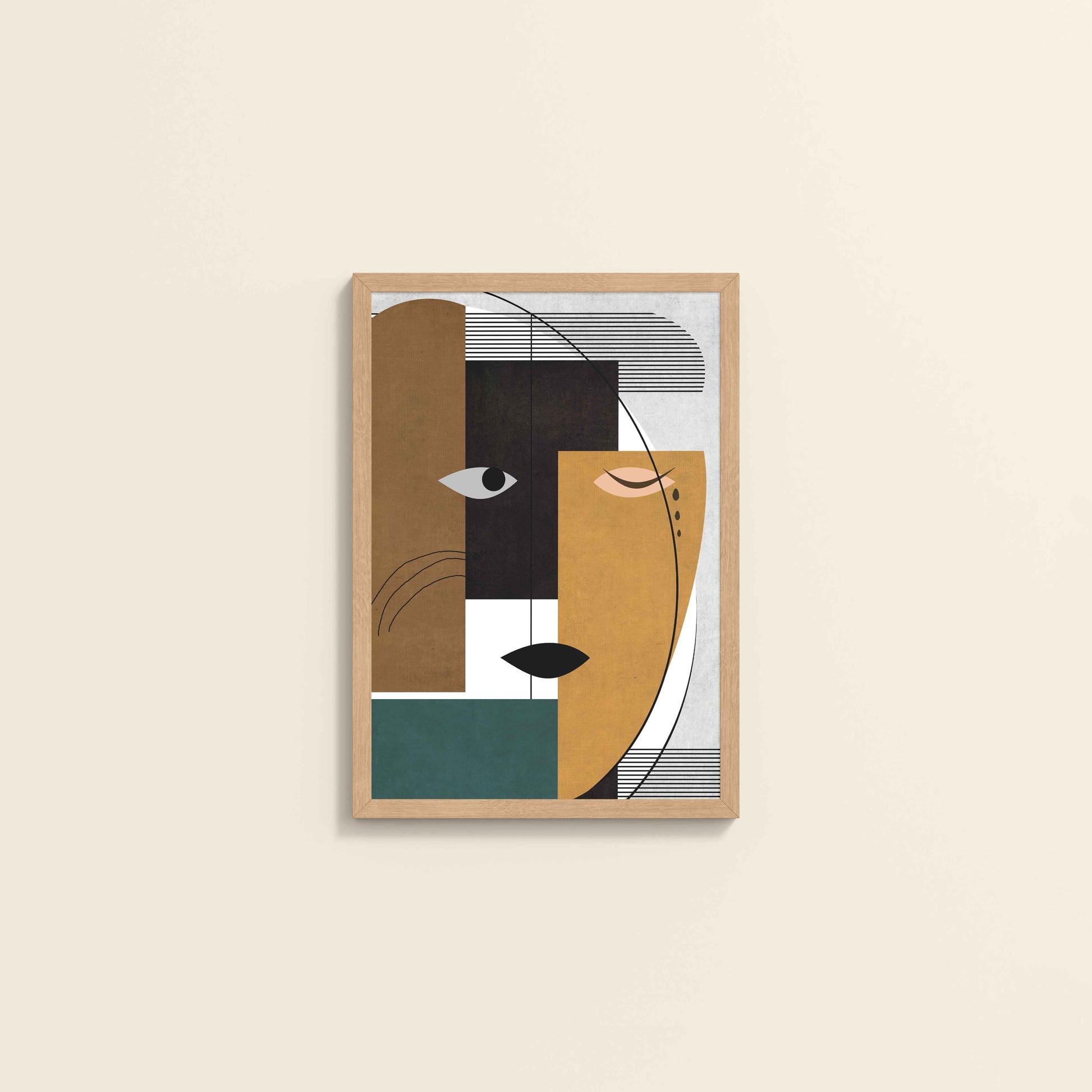Wall View of GeoFace – Abstract Geometric Face Wall Art in Natrual Color Frame