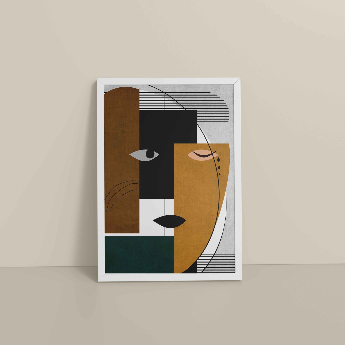 Floor View of GeoFace – Abstract Geometric Face Wall Art in White Color Frame