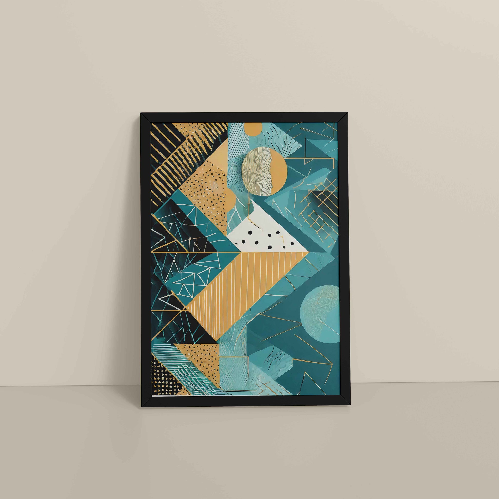 Floor View of Vibrant Geometry – Minimalist Shapes Wall Art in Black Color Frame