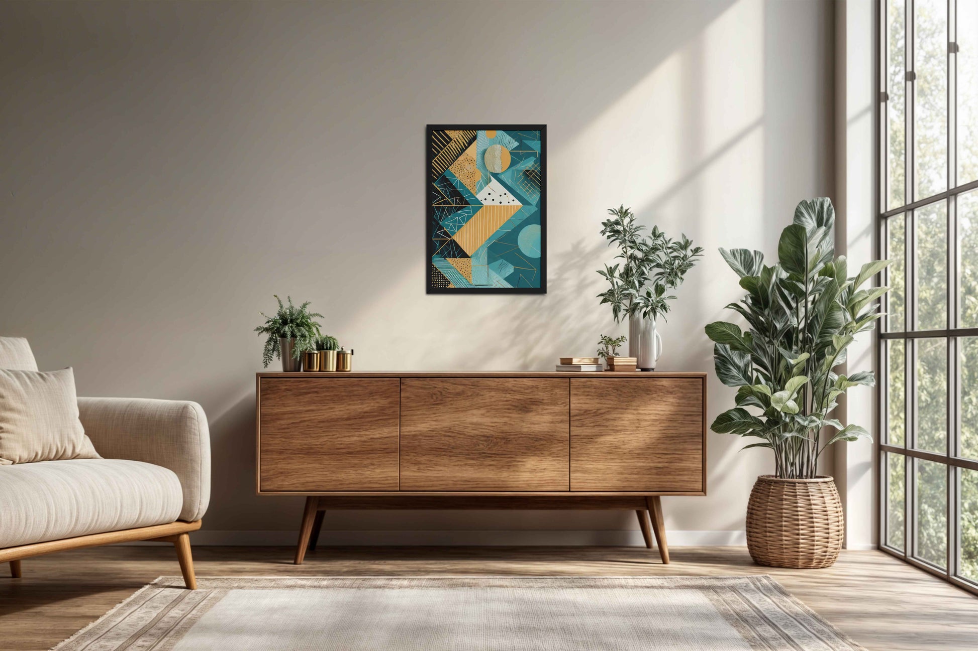 Living Room Cabinet Preview of Vibrant Geometry – Minimalist Shapes Wall Art in Black Color Frame