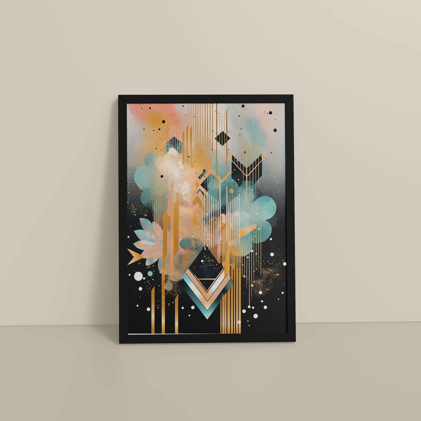 Floor View of Petal Patterns – Colorful Geometric Floral Art in Black Color Frame