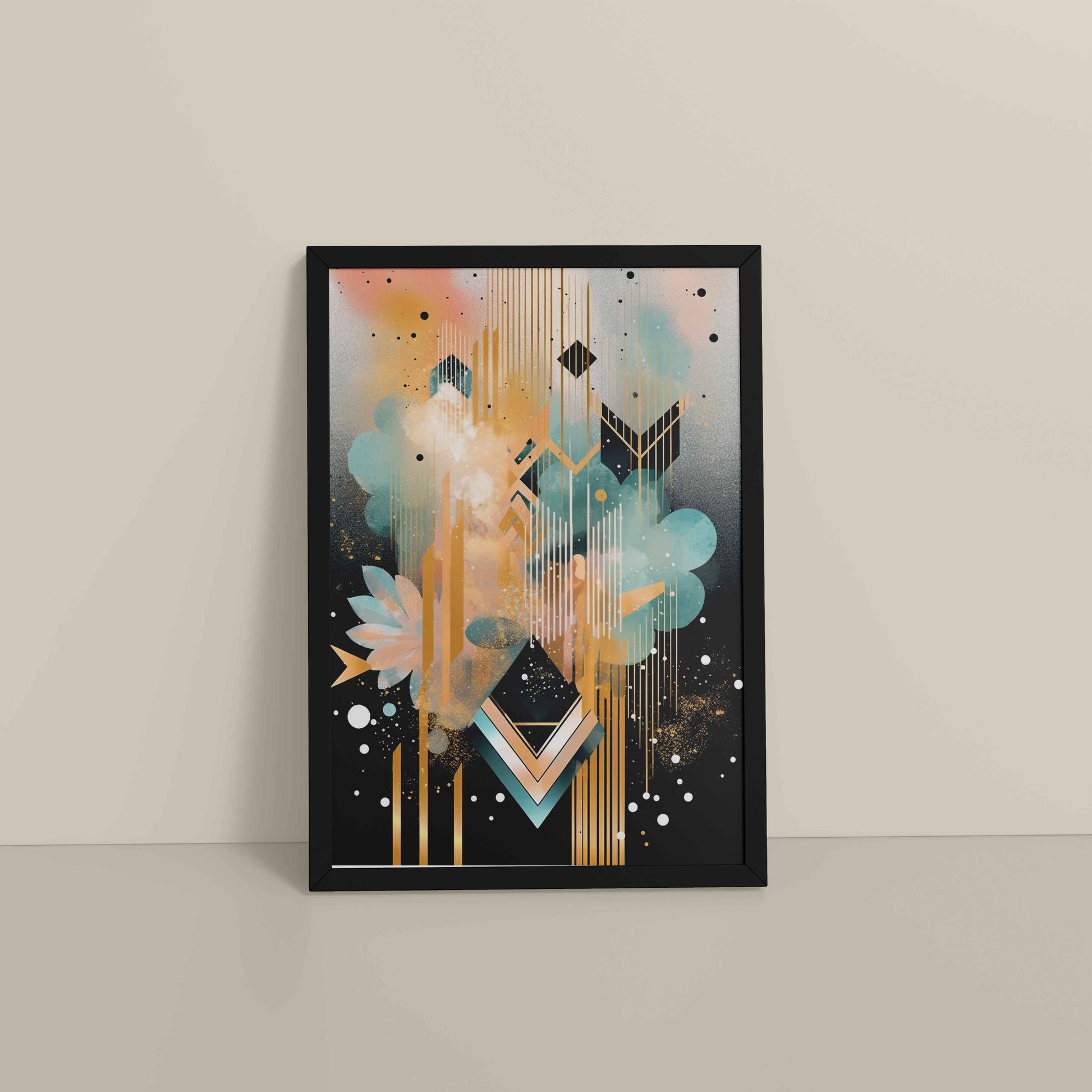 Floor View of Petal Patterns – Colorful Geometric Floral Art in Black Color Frame