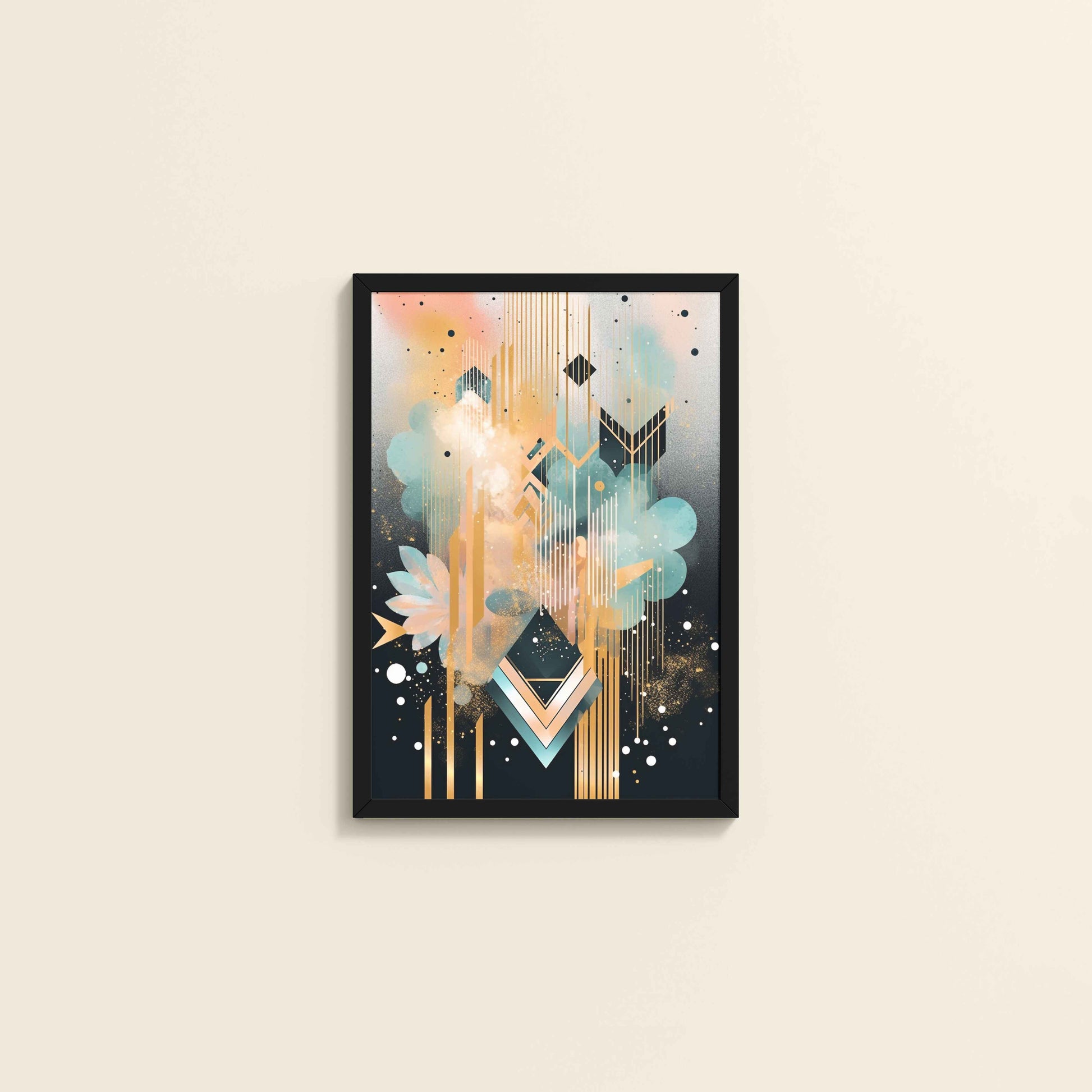 Wall View of Petal Patterns – Colorful Geometric Floral Art in Black Color Frame