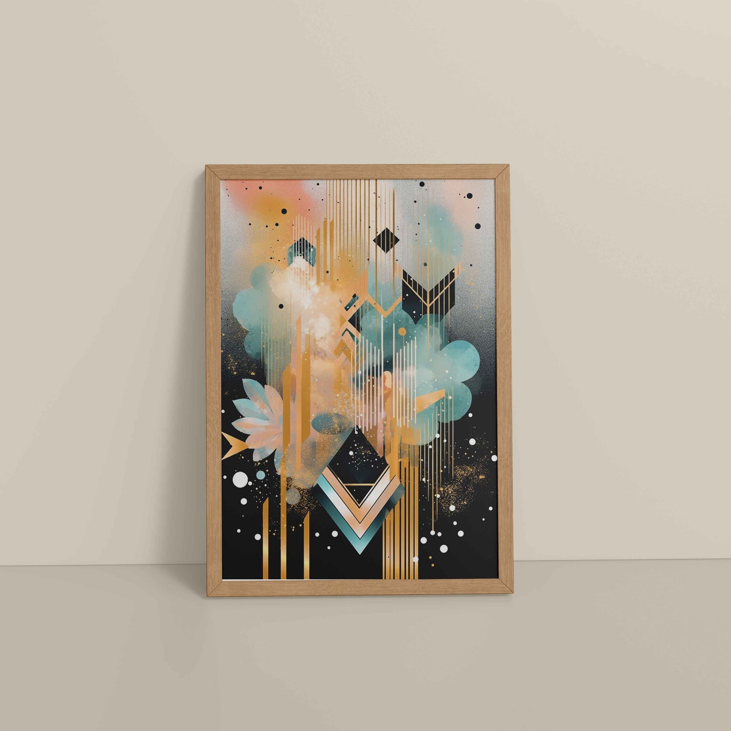 Floor View of Petal Patterns – Colorful Geometric Floral Art in Natrual Color Frame
