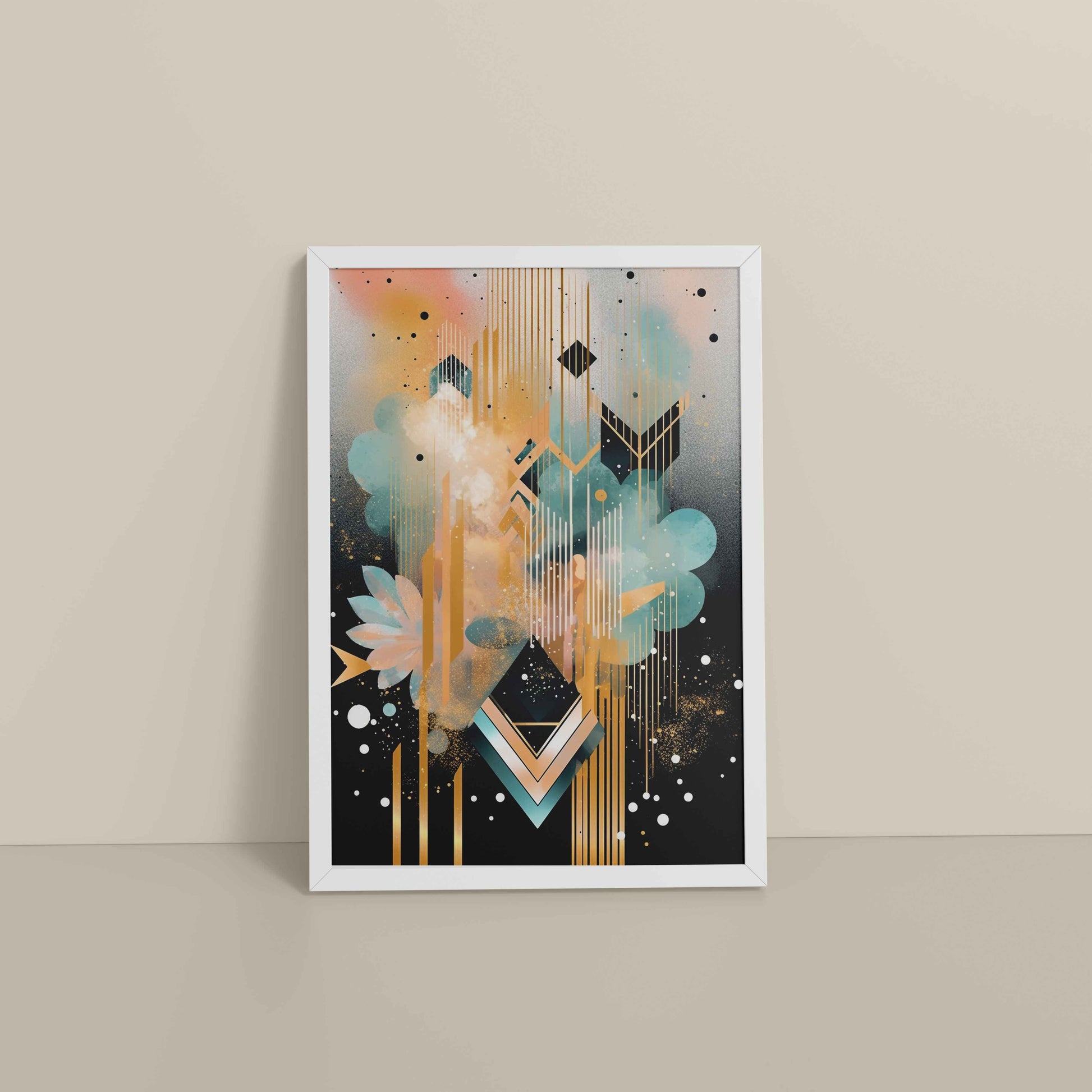 Floor View of Petal Patterns – Colorful Geometric Floral Art in White Color Frame