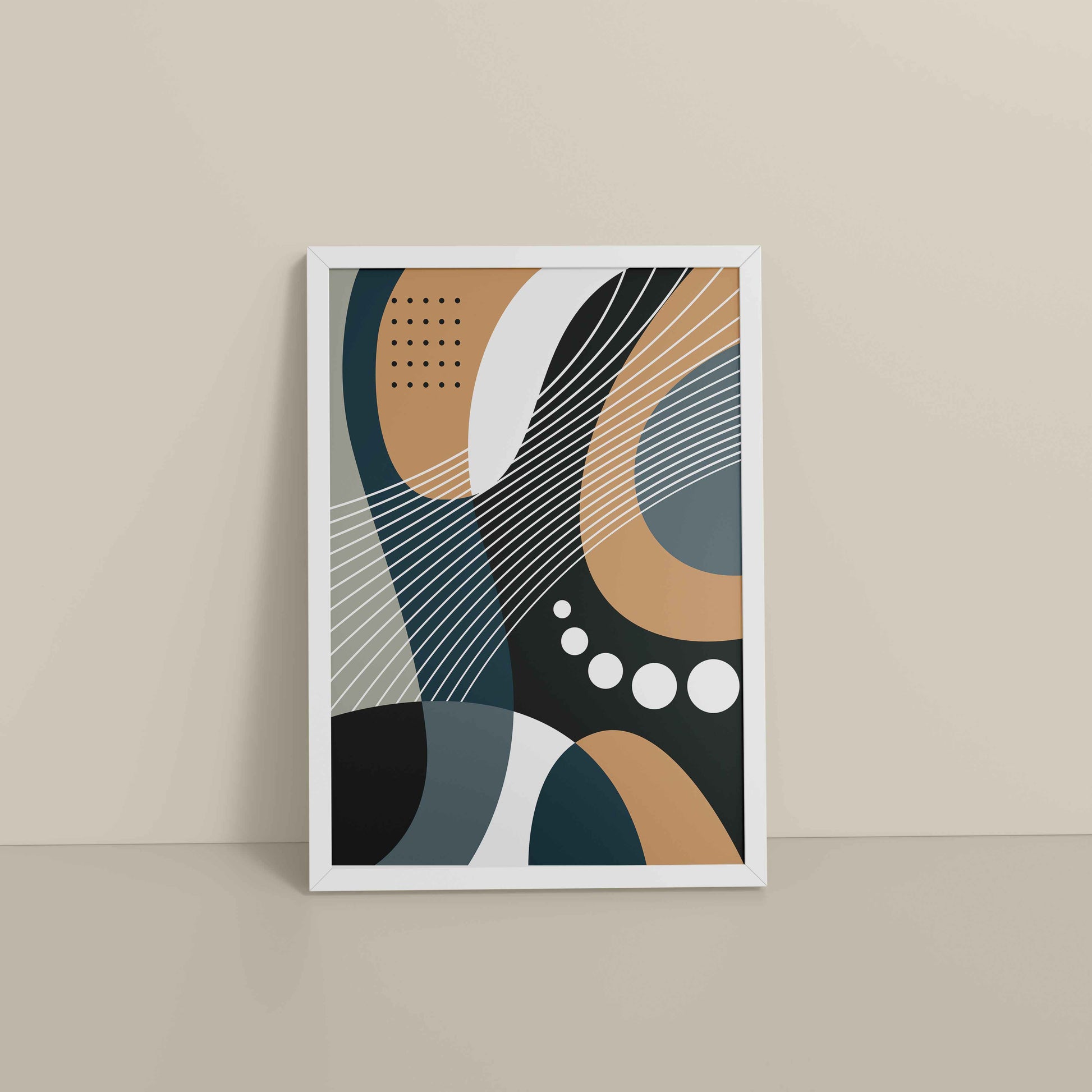 Floor View of Modern Balance – Abstract Geometrical Shape Art in White Color Frame
