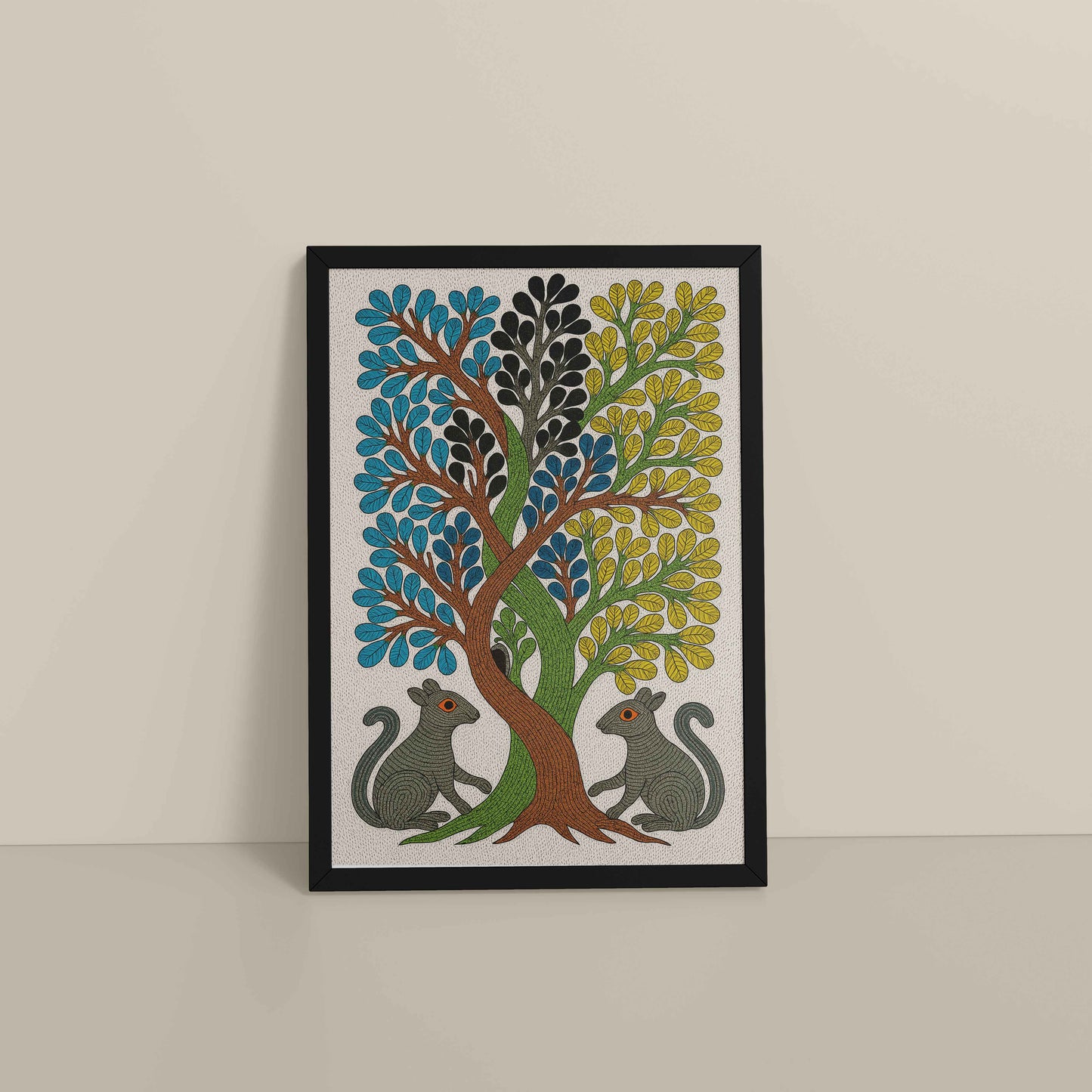 Floor View of Nature's Harmony – Curved Trees & Squirrel Gond Art Painting in Black Color Frame
