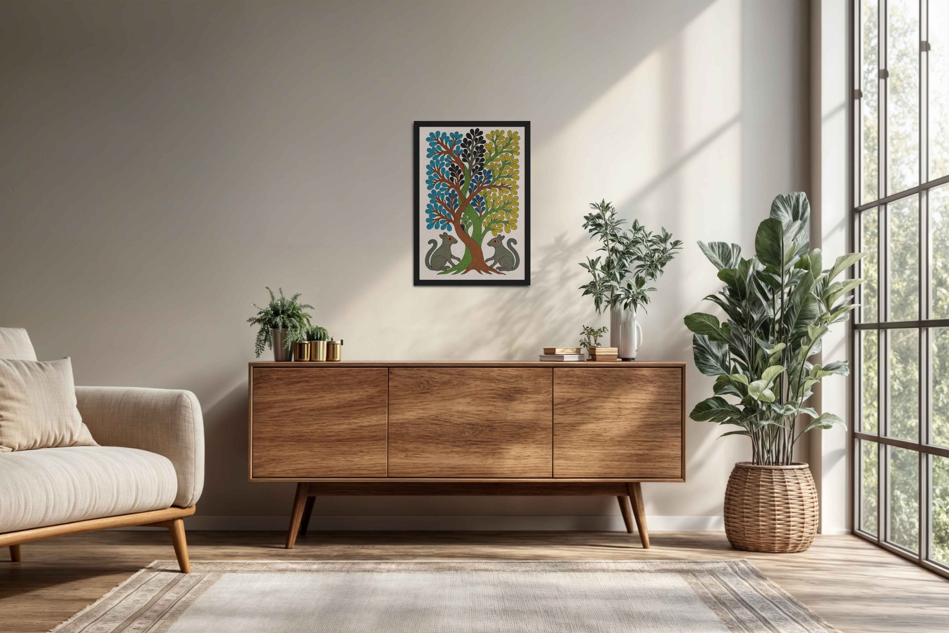 Living Room Cabinet Preview of Nature's Harmony – Curved Trees & Squirrel Gond Art Painting in Black Color Frame