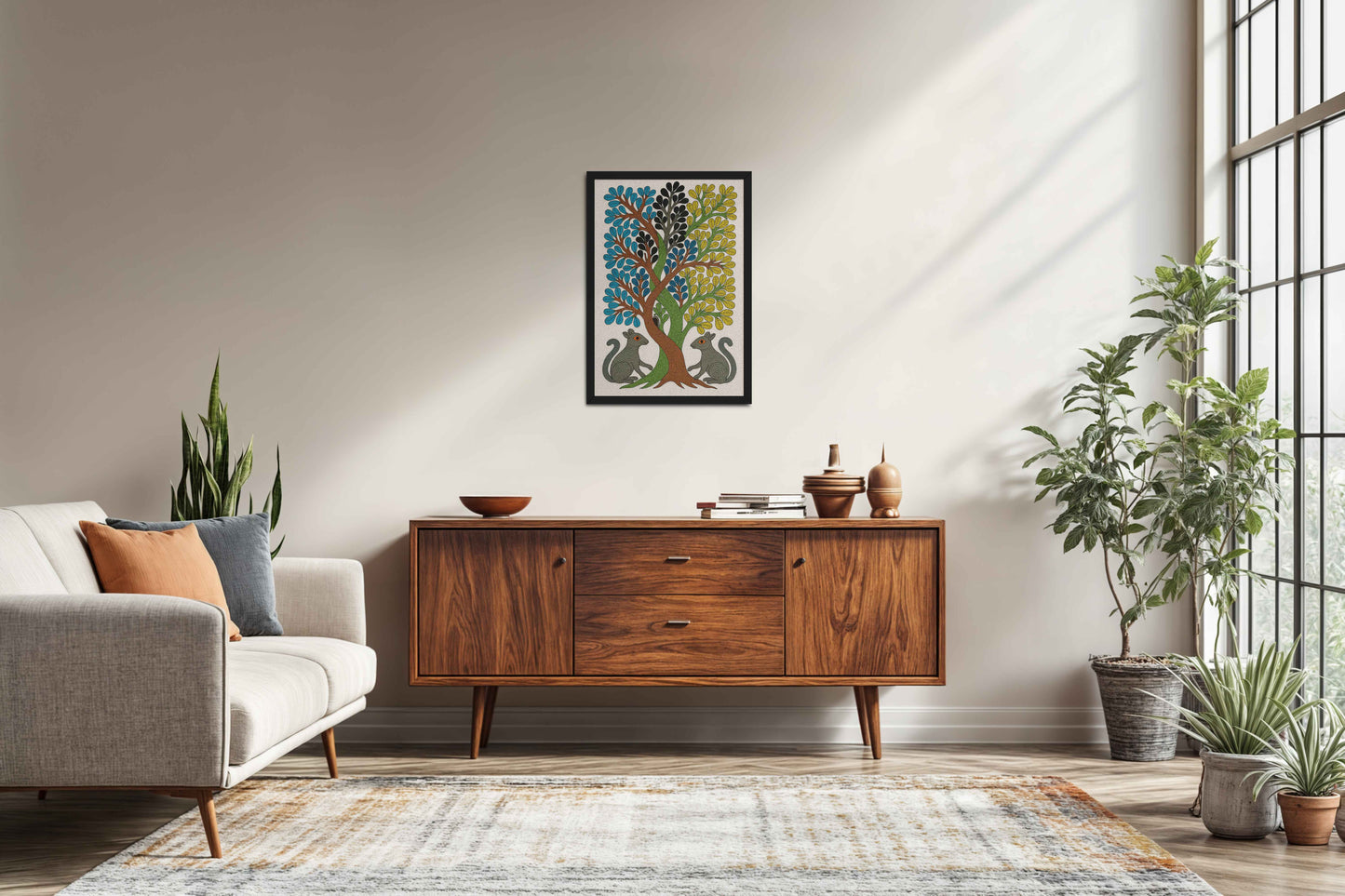 Living Room Sofa Preview of Nature's Harmony – Curved Trees & Squirrel Gond Art Painting in Black Color Frame