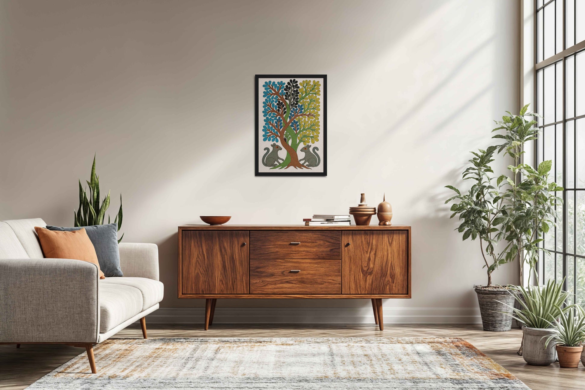 Living Room Sofa Preview of Nature's Harmony – Curved Trees & Squirrel Gond Art Painting in Black Color Frame