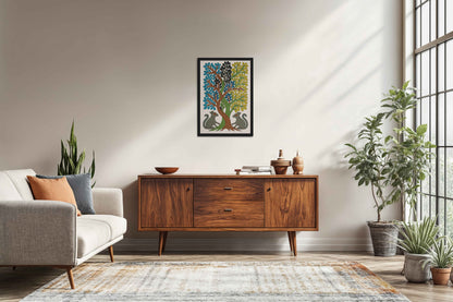 Living Room Sofa Preview of Nature's Harmony – Curved Trees & Squirrel Gond Art Painting in Black Color Frame