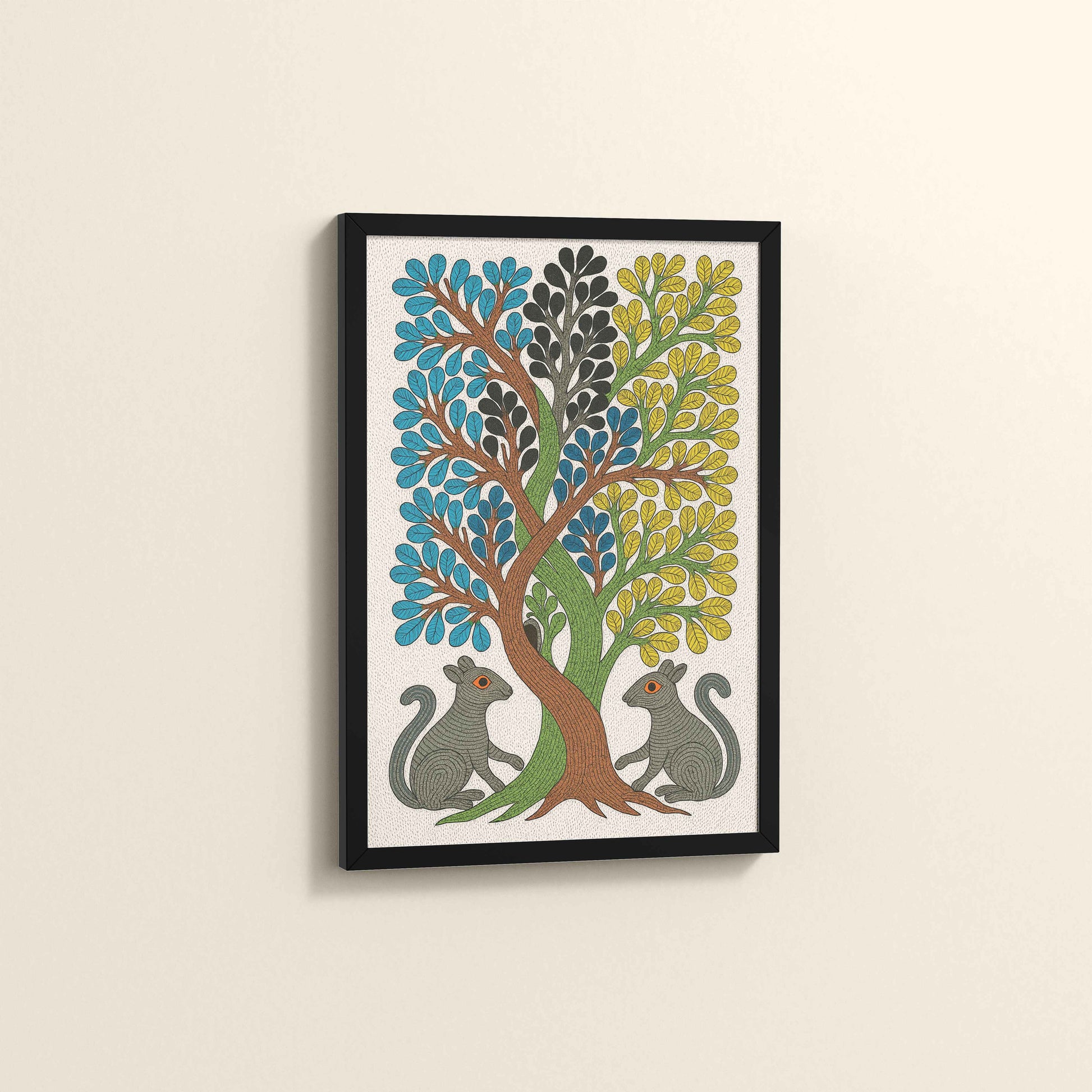 Side View of Nature's Harmony – Curved Trees & Squirrel Gond Art Painting in Black Color Frame