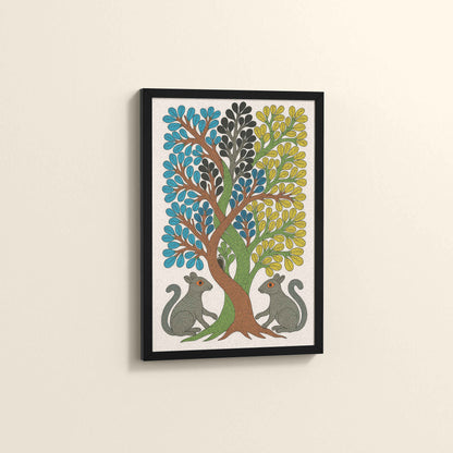 Side View of Nature's Harmony – Curved Trees & Squirrel Gond Art Painting in Black Color Frame