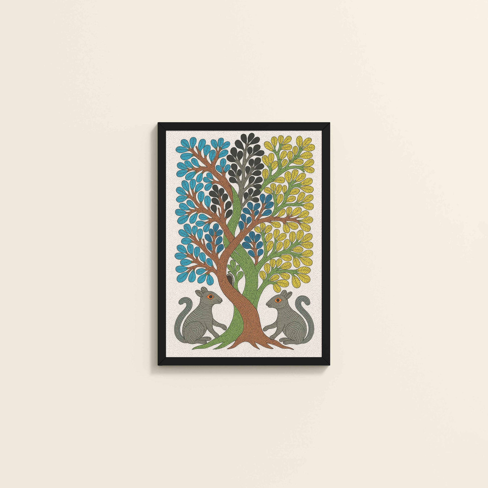 Wall View of Nature's Harmony – Curved Trees & Squirrel Gond Art Painting in Black Color Frame