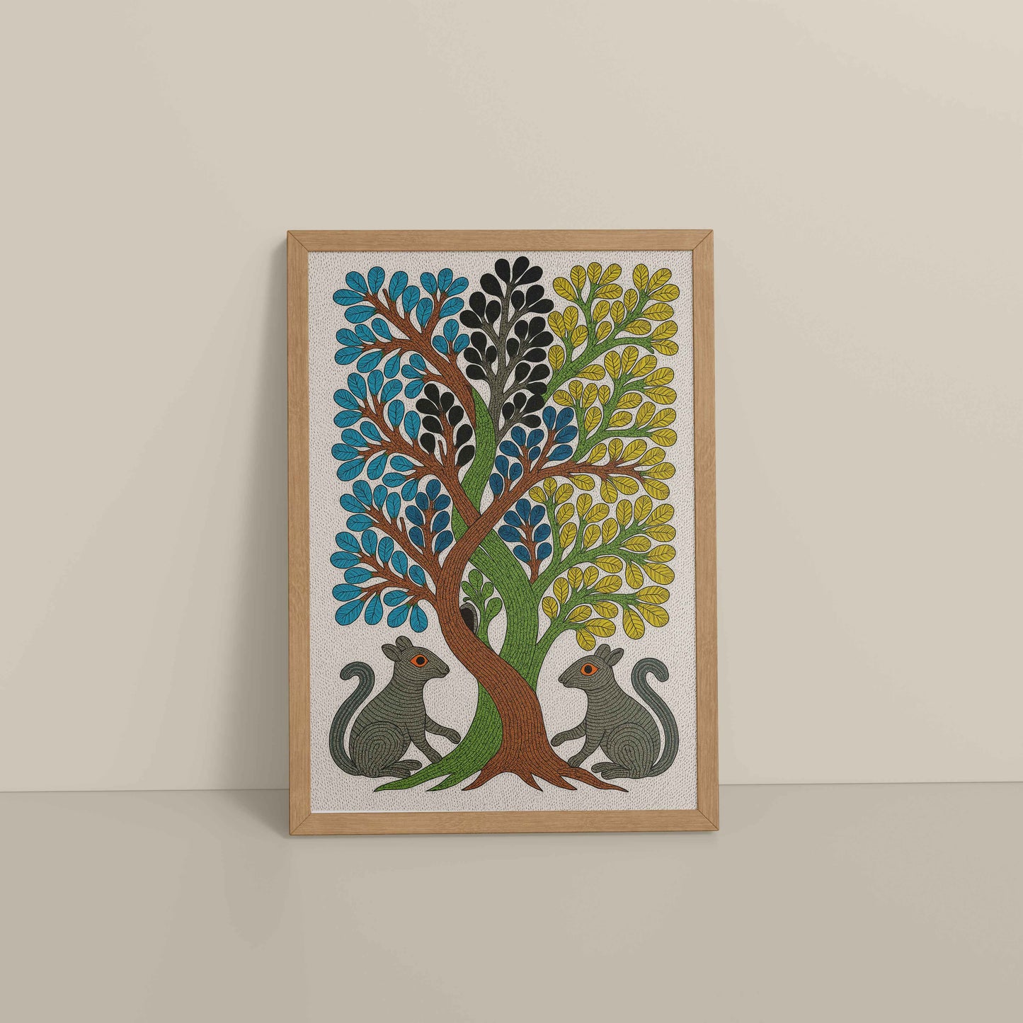 Floor View of Nature's Harmony – Curved Trees & Squirrel Gond Art Painting in Natrual Color Frame