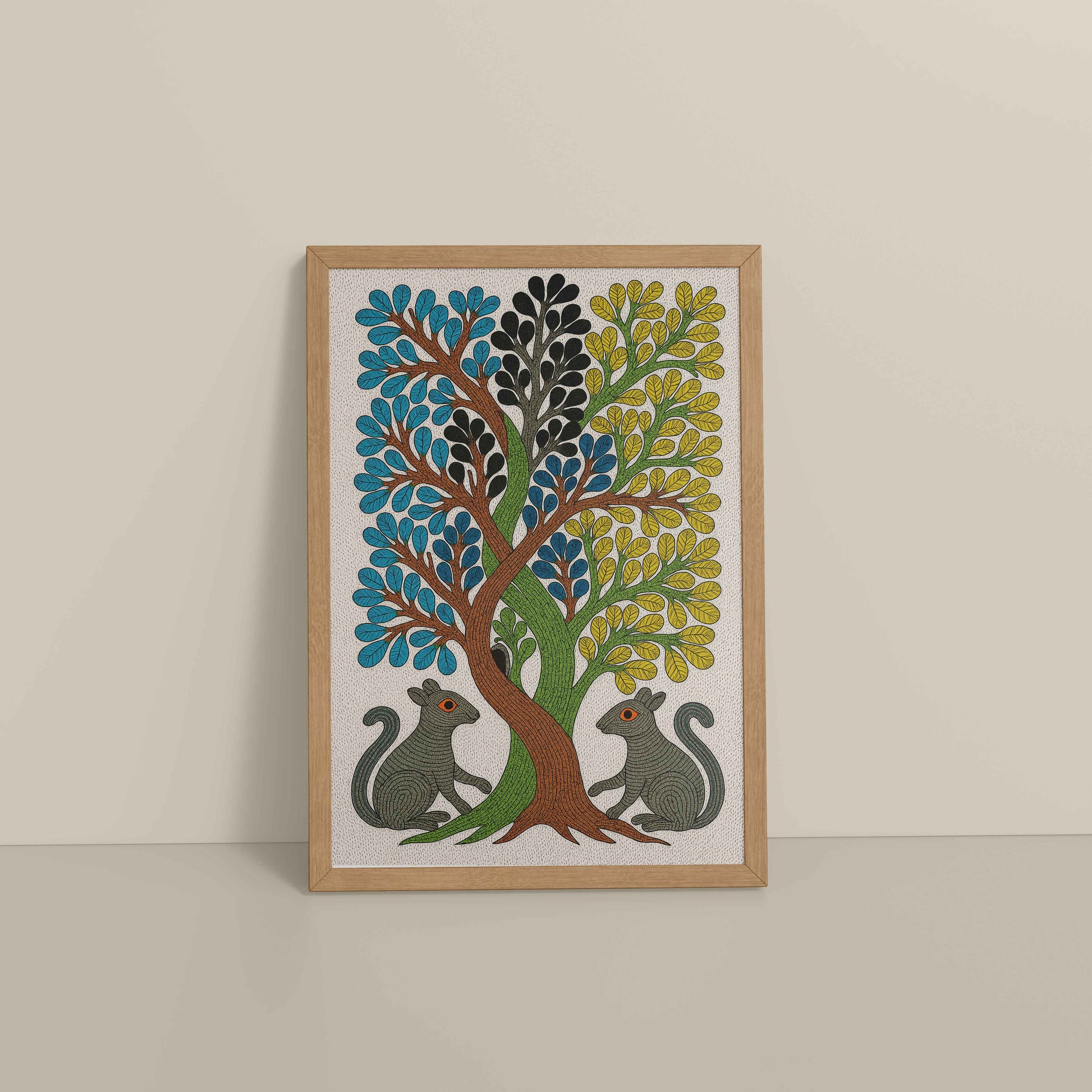Floor View of Nature's Harmony – Curved Trees & Squirrel Gond Art Painting in Natrual Color Frame