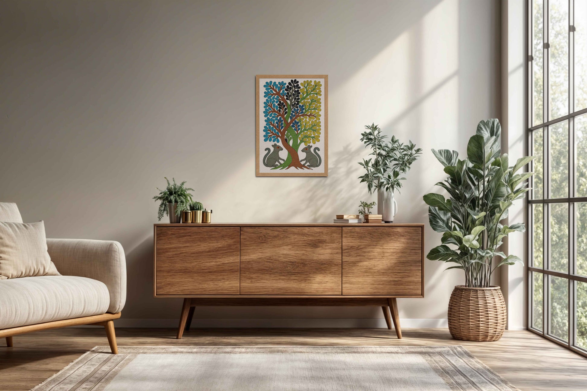 Living Room Cabinet Preview of Nature's Harmony – Curved Trees & Squirrel Gond Art Painting in Natrual Color Frame