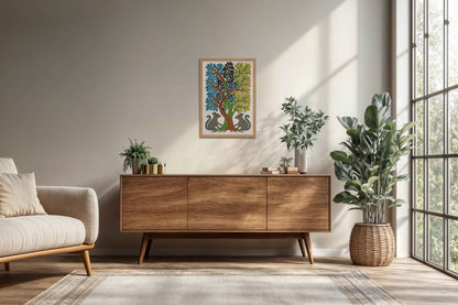 Living Room Cabinet Preview of Nature's Harmony – Curved Trees & Squirrel Gond Art Painting in Natrual Color Frame