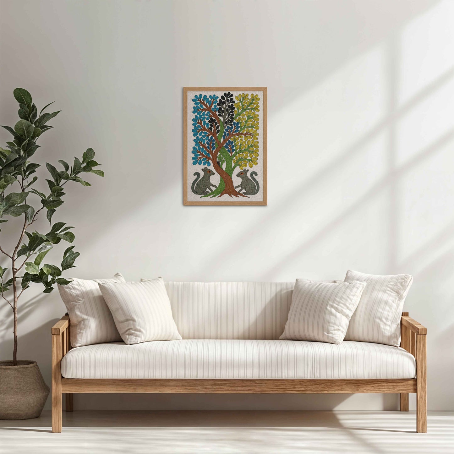 Living Room Cabinet Table Preview of Nature's Harmony – Curved Trees & Squirrel Gond Art Painting in Natrual Color Frame