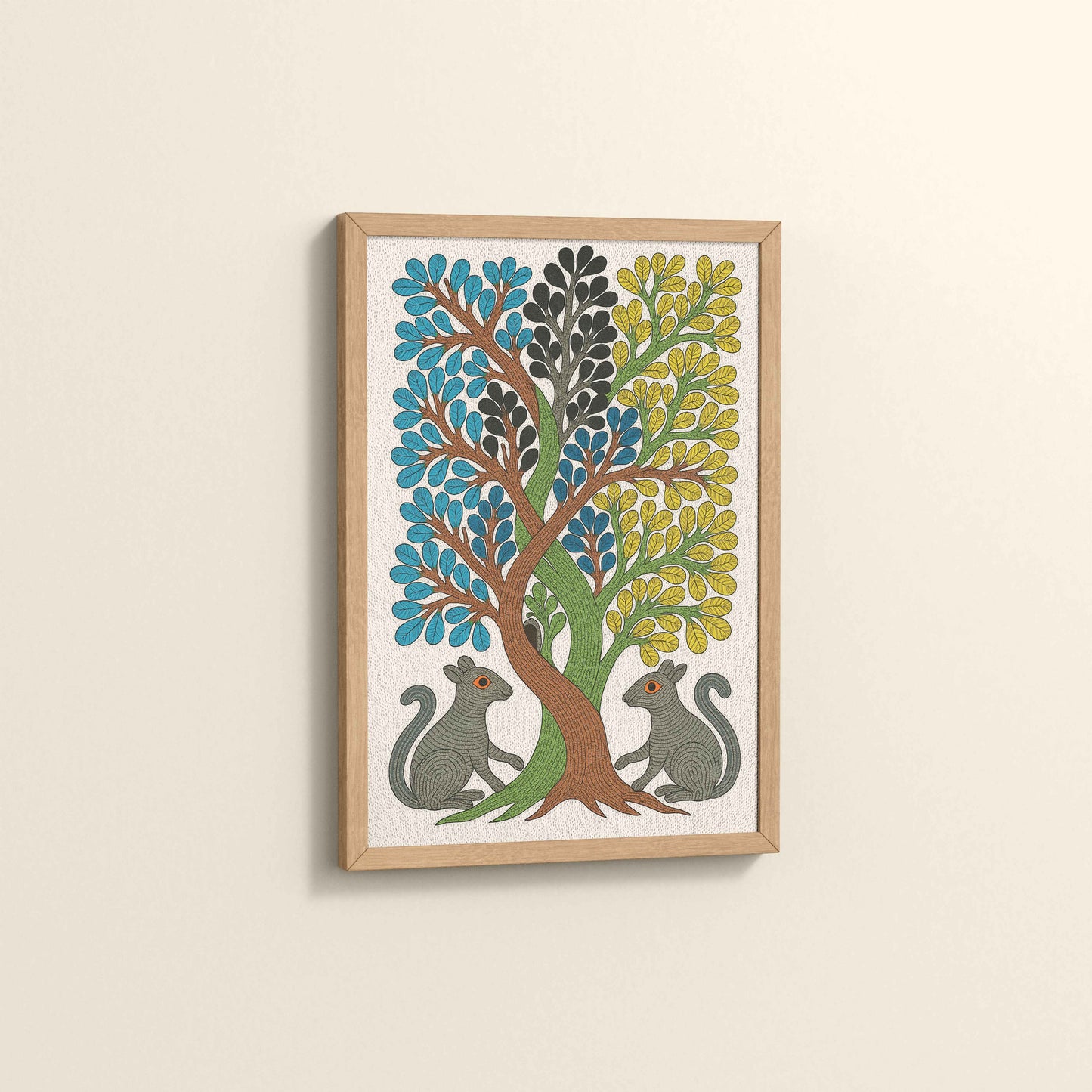 Side View of Nature's Harmony – Curved Trees & Squirrel Gond Art Painting in Natrual Color Frame