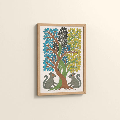 Side View of Nature's Harmony – Curved Trees & Squirrel Gond Art Painting in Natrual Color Frame