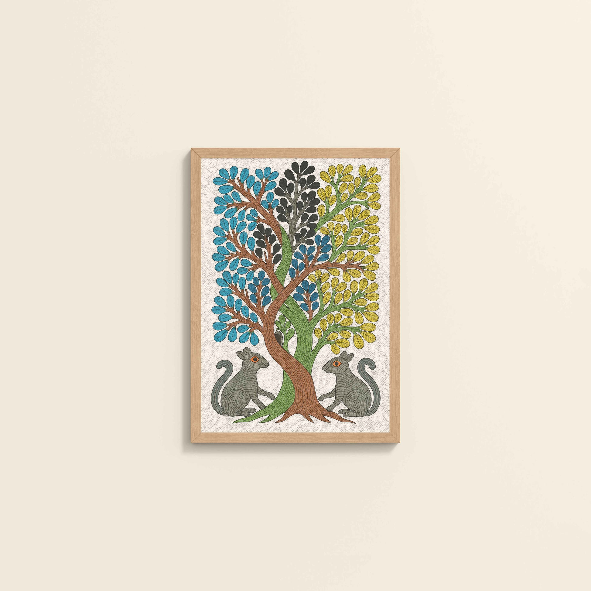 Wall View of Nature's Harmony – Curved Trees & Squirrel Gond Art Painting in Natrual Color Frame
