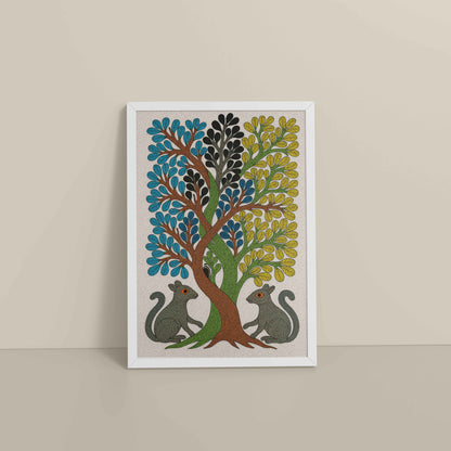Floor View of Nature's Harmony – Curved Trees & Squirrel Gond Art Painting in White Color Frame