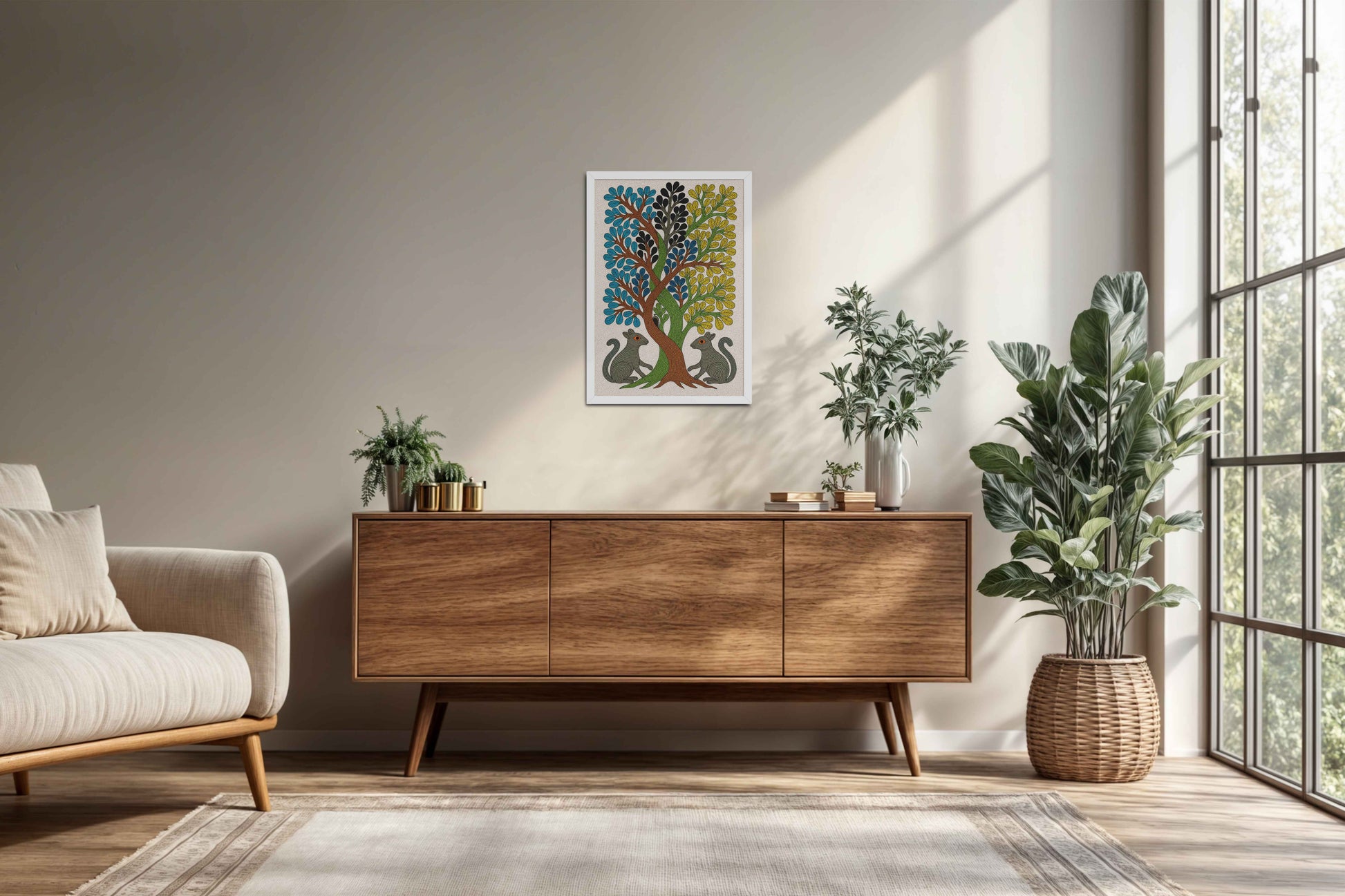 Living Room Cabinet Preview of Nature's Harmony – Curved Trees & Squirrel Gond Art Painting in White Color Frame