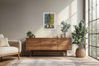 Living Room Cabinet Preview of Nature's Harmony – Curved Trees & Squirrel Gond Art Painting in White Color Frame
