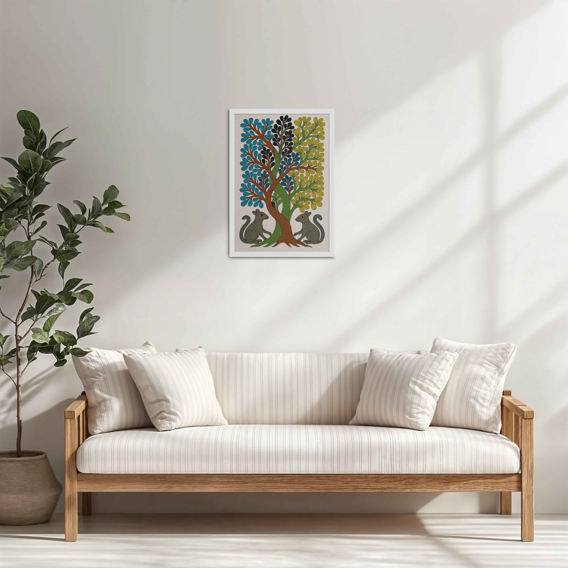 Living Room Cabinet Table Preview of Nature's Harmony – Curved Trees & Squirrel Gond Art Painting in White Color Frame