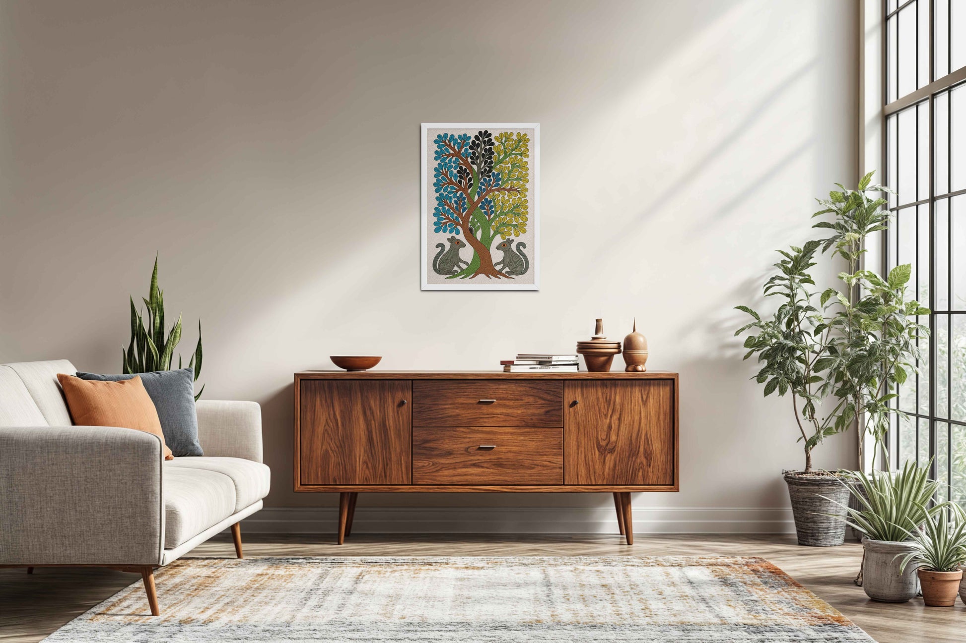 Living Room Sofa Preview of Nature's Harmony – Curved Trees & Squirrel Gond Art Painting in White Color Frame