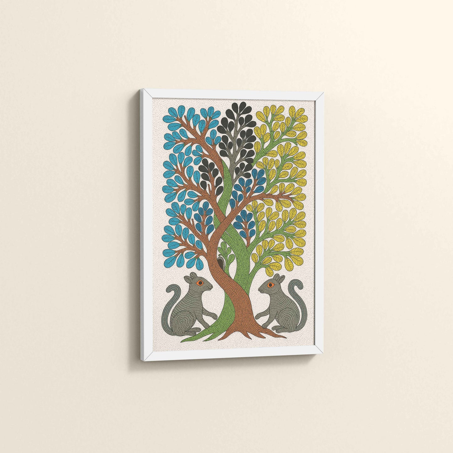 Side View of Nature's Harmony – Curved Trees & Squirrel Gond Art Painting in White Color Frame
