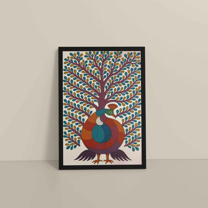 Floor View of Tree of Elegance – Traditional Peacock Gond Art Painting in Black Color Frame