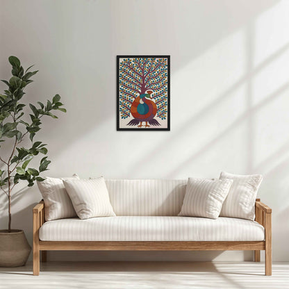Living Room Cabinet Table Preview of Tree of Elegance – Traditional Peacock Gond Art Painting in Black Color Frame