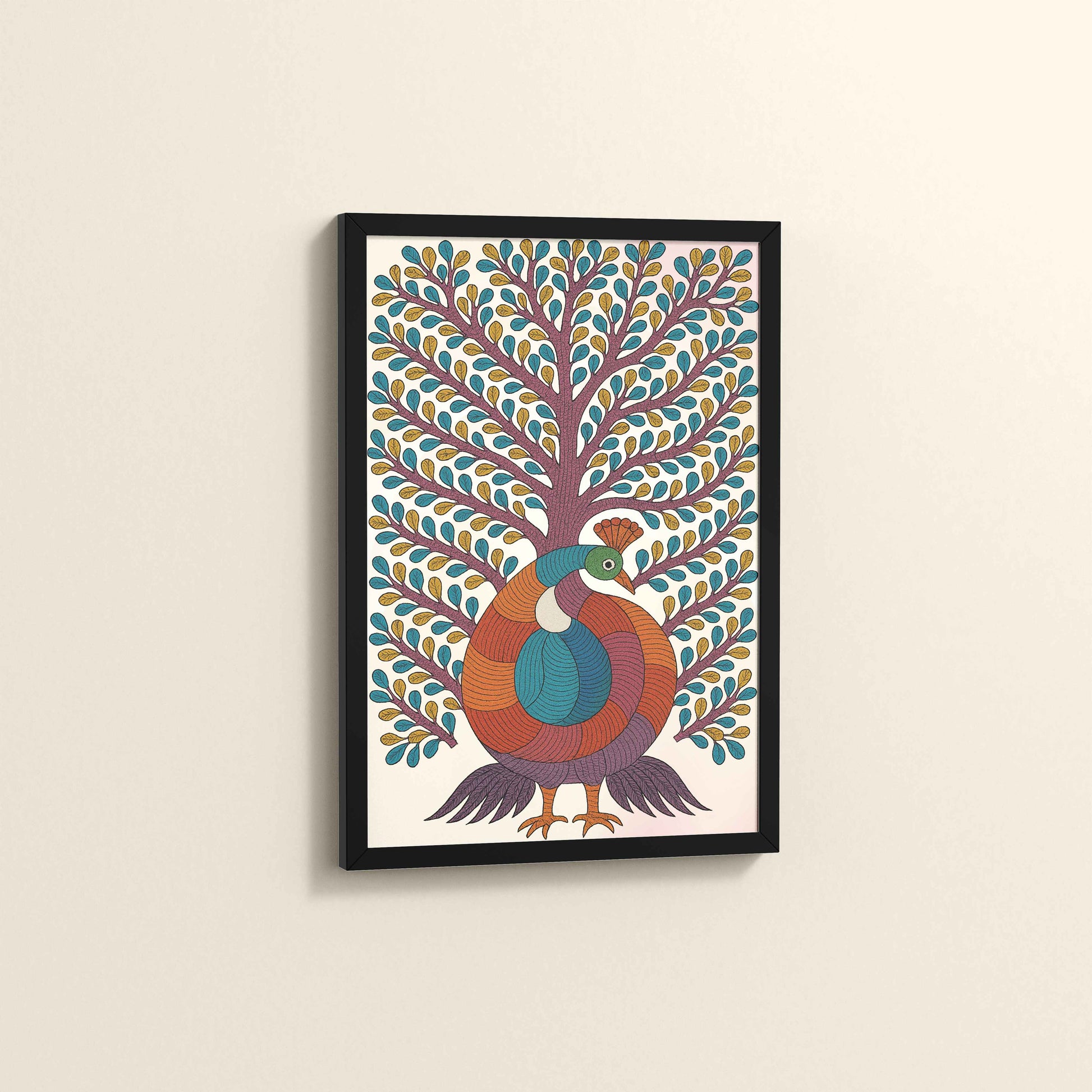 Side View of Tree of Elegance – Traditional Peacock Gond Art Painting in Black Color Frame