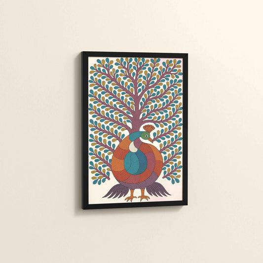 Side View of Tree of Elegance – Traditional Peacock Gond Art Painting in Black Color Frame