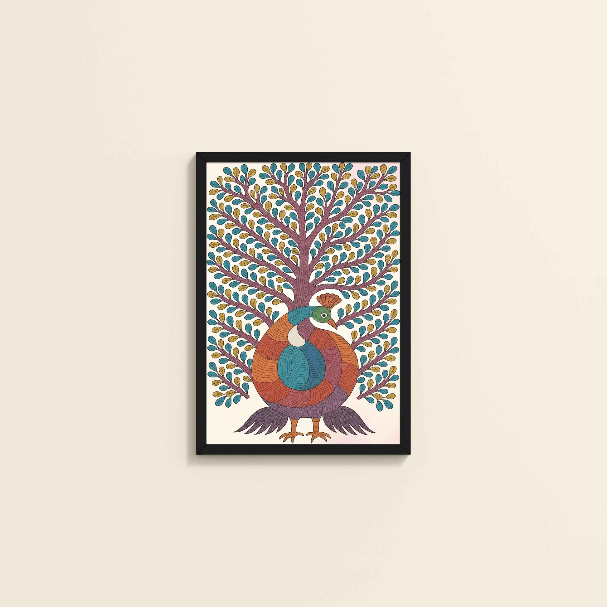 Wall View of Tree of Elegance – Traditional Peacock Gond Art Painting in Black Color Frame