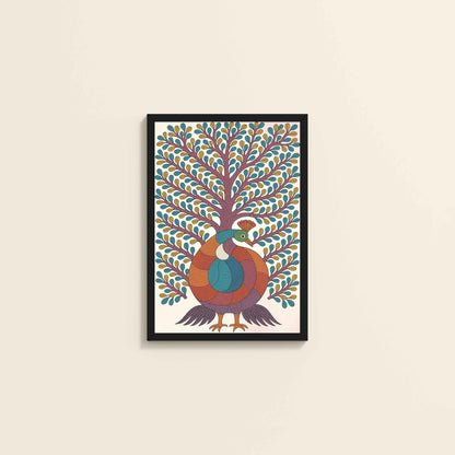 Wall View of Tree of Elegance – Traditional Peacock Gond Art Painting in Black Color Frame