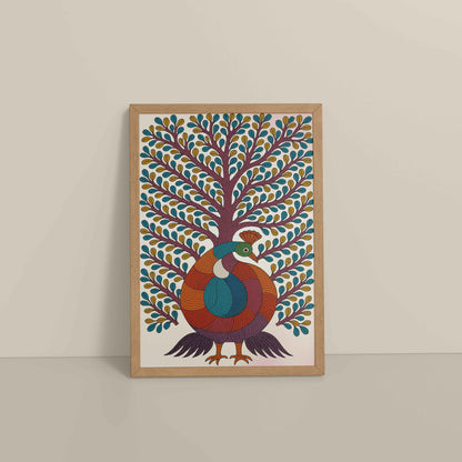 Floor View of Tree of Elegance – Traditional Peacock Gond Art Painting in Natrual Color Frame