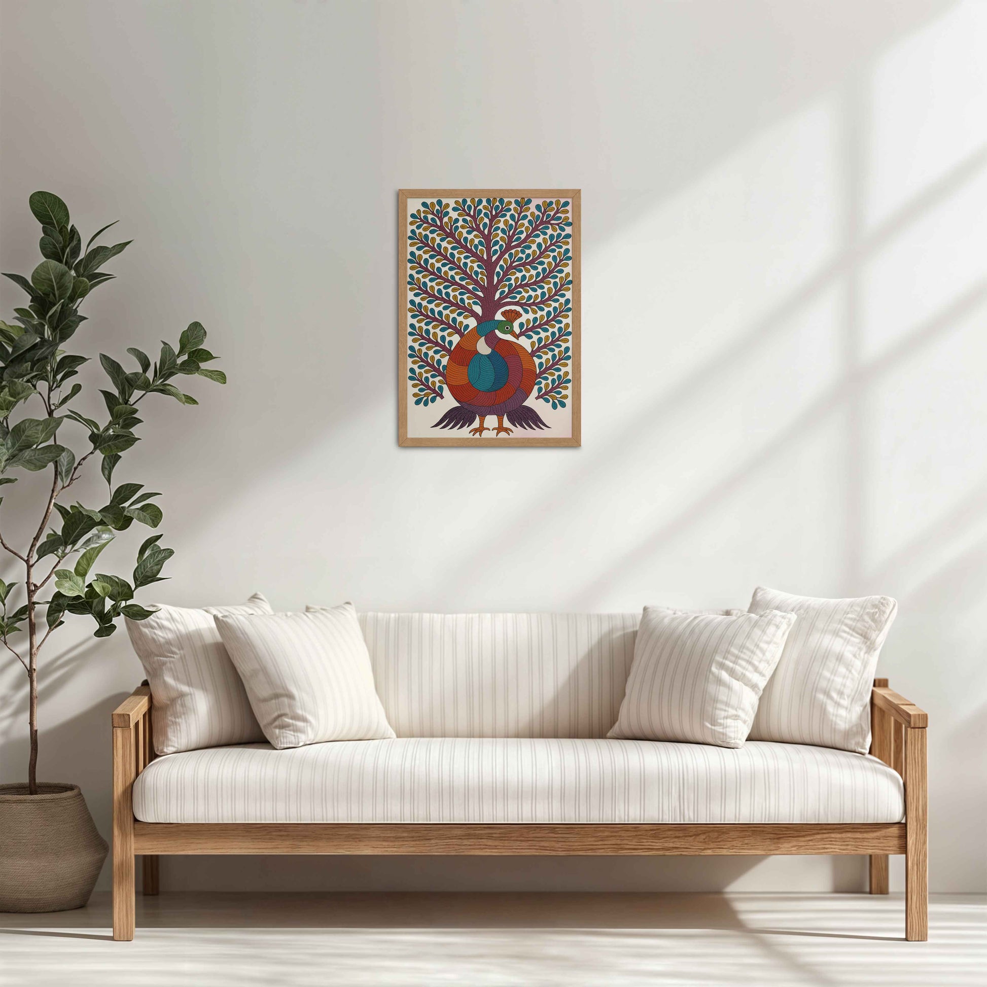 Living Room Cabinet Table Preview of Tree of Elegance – Traditional Peacock Gond Art Painting in Natrual Color Frame